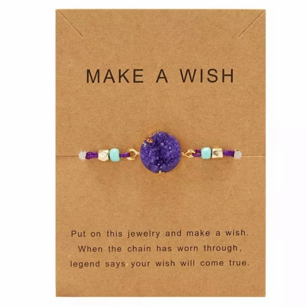 Purple And Gold “Make A Wish” Round Crystal Druzy Stone On‎ A Beaded Bracelet